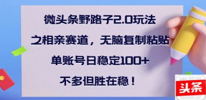 全网首发微头条野路子2.0玩法之相亲赛道，无脑搬砖复制粘贴，单账号日稳定300+保姆级教程富创吧-网创项目资源站-副业项目-创业项目-搞钱项目富创吧